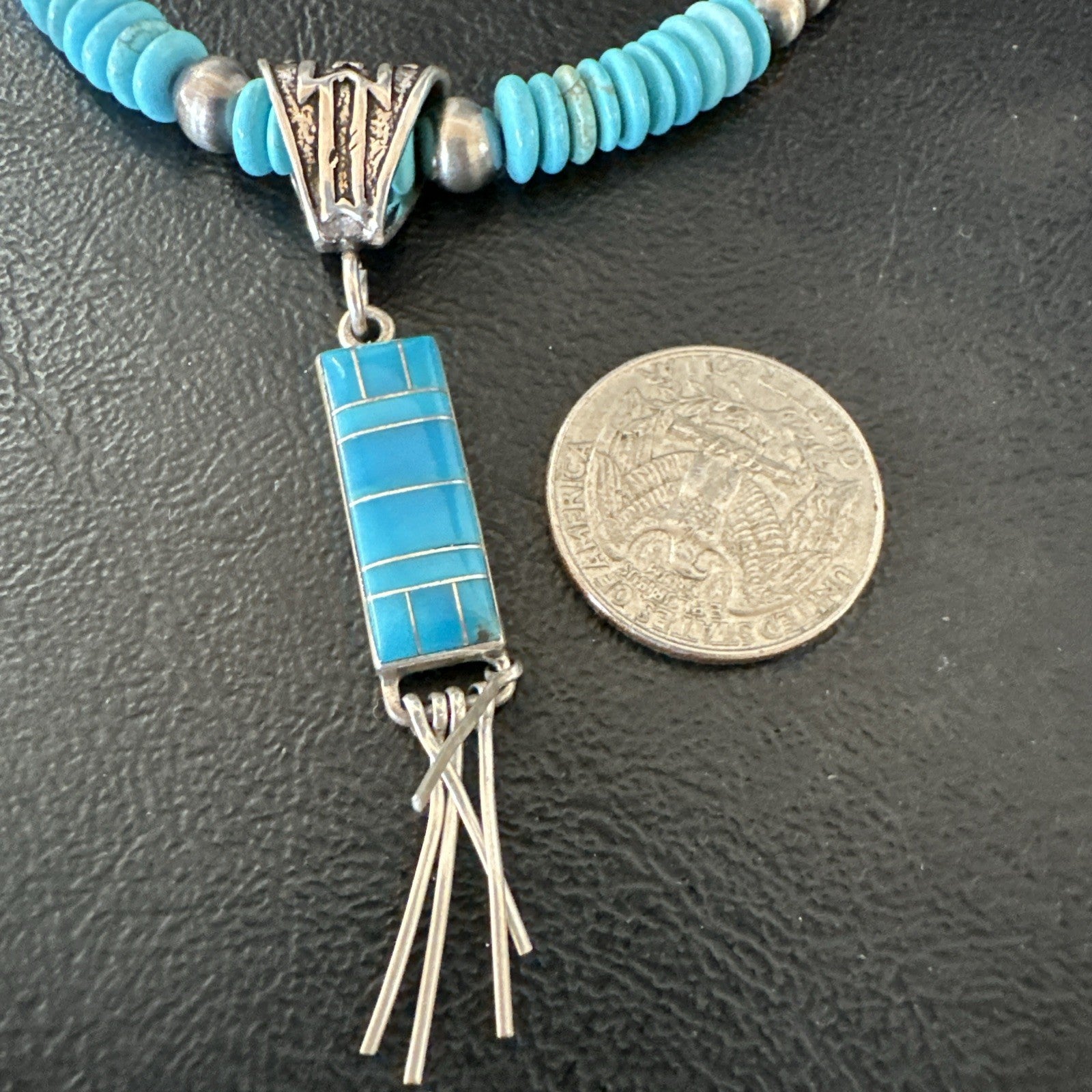 Blue Turquoise Inlay Pendant Navajo Sterling Silver Necklace 19514