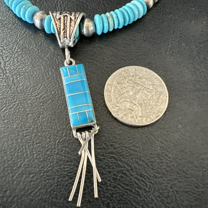 Blue Turquoise Inlay Pendant Navajo Sterling Silver Necklace 19514