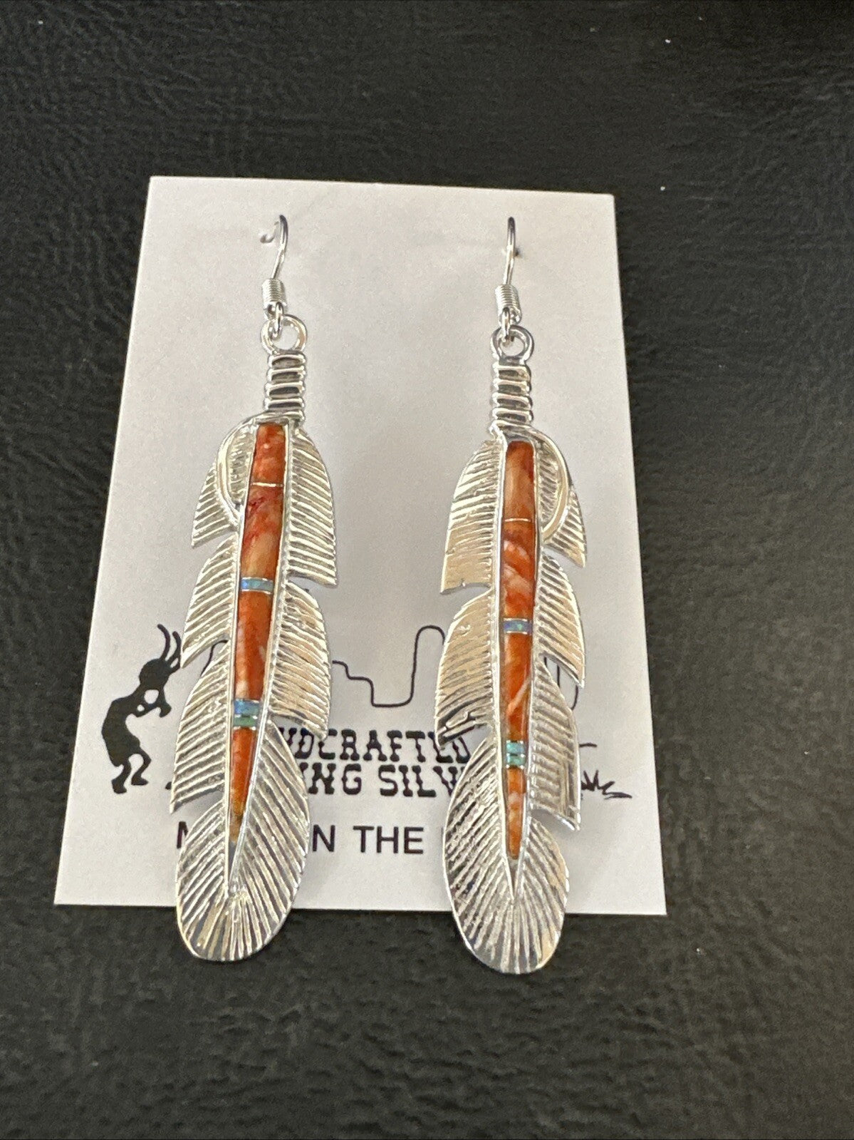 Orange Spiny Oyster Opal Sterling Silver Handmade Inlay Feather Earrings 18695