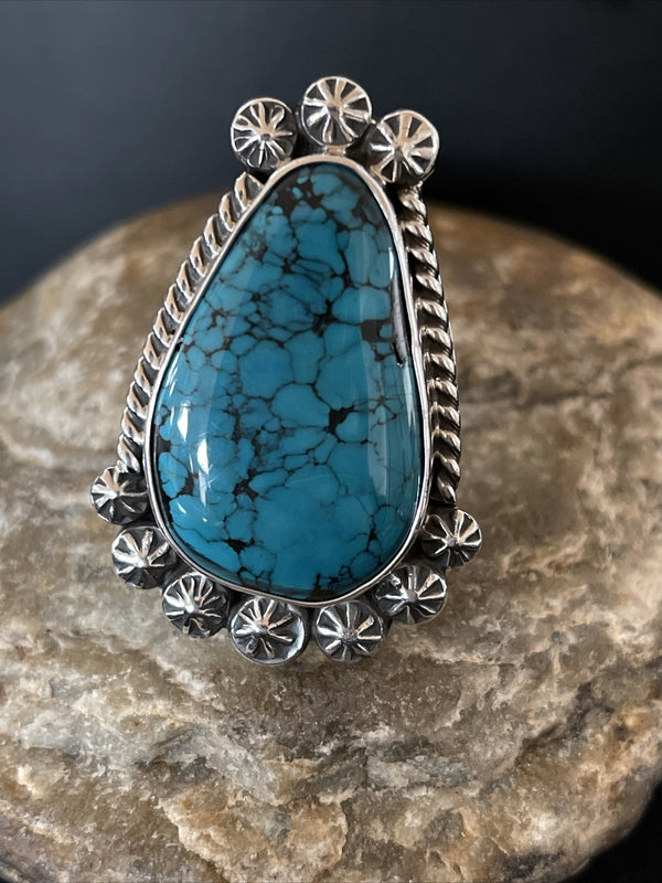 Navajo Blue Spiderweb Turquoise Ring Size 10 | Sterling Silver | Authentic Native American Handmade | 01063