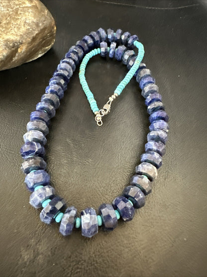 Mens Turquoise 12mm Faceted Lapis Bead Navajo Sterling Silver Necklace 21" 18277