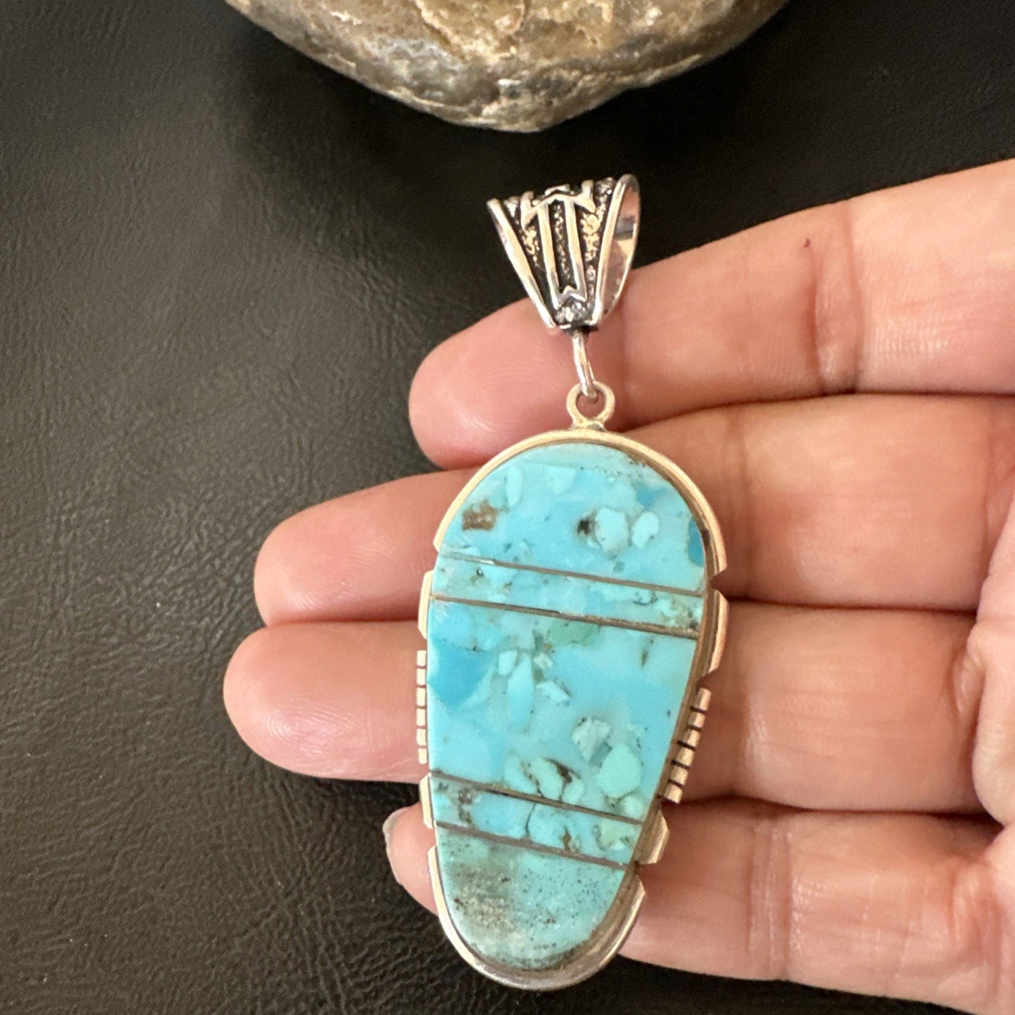 Navajo B E Inlay 925 Sterling Silver Turquoise Pendant Cobblestone 2.5" 19399
