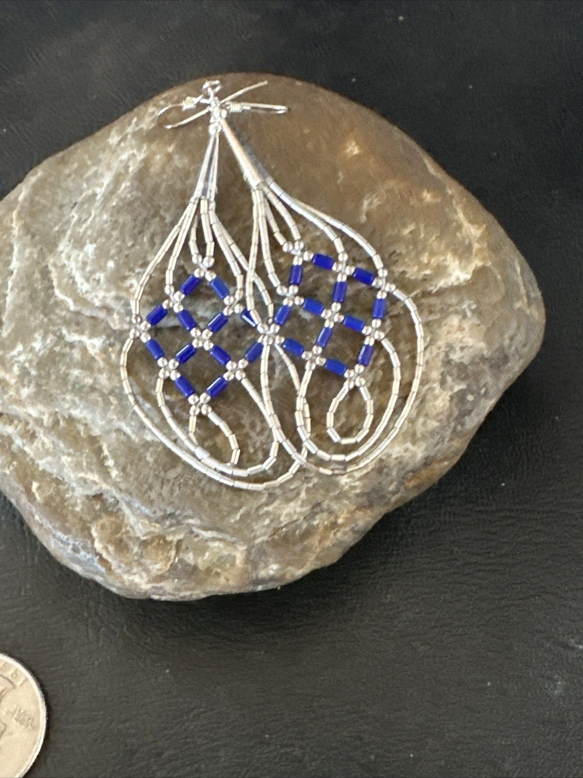 Blue Lapis 3 Strand Heishi Liquid Sterling Silver Dangle Earrings 17737