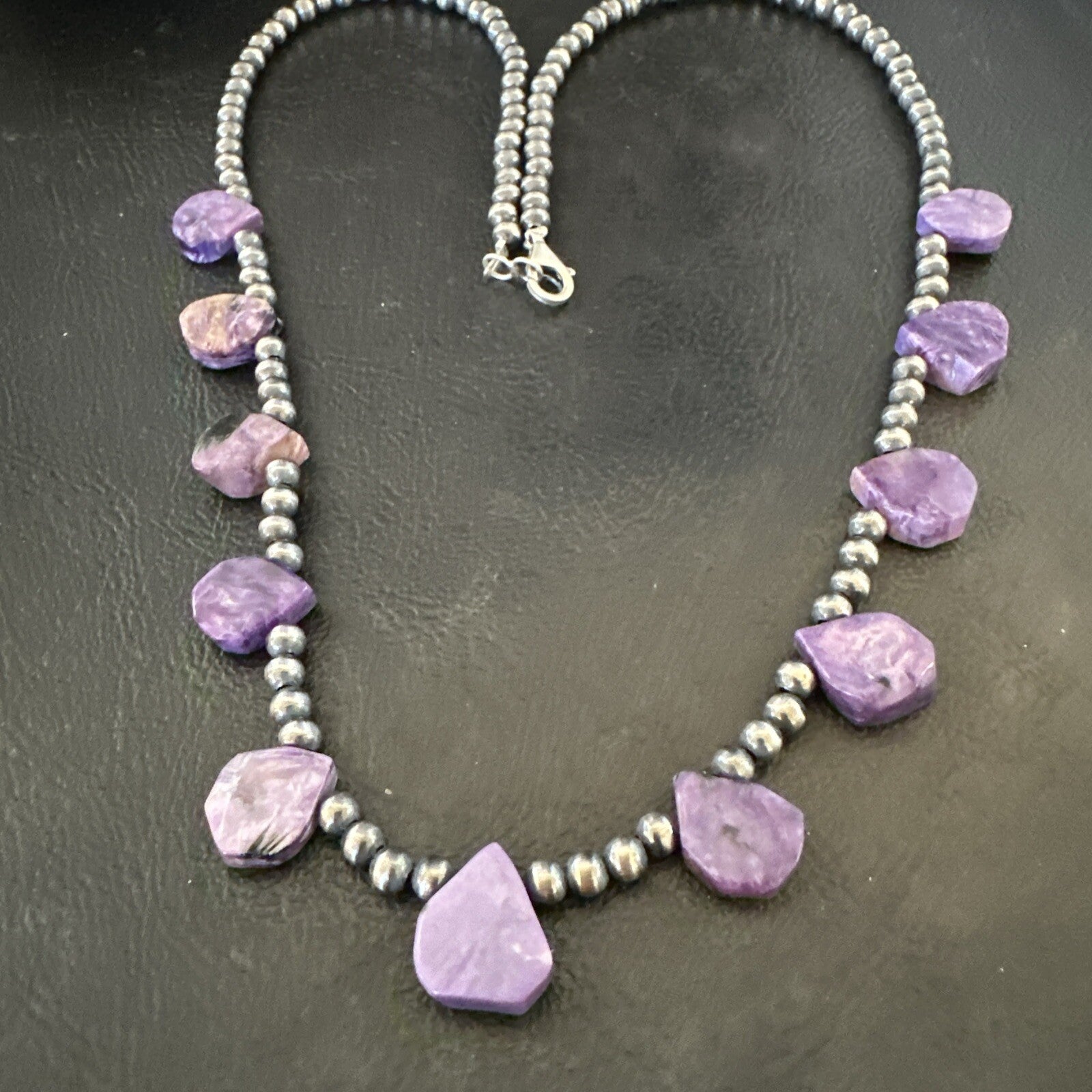 Purple Charoite Teardrop Navajo Pearls Sterling Silver Necklace 20" 17933