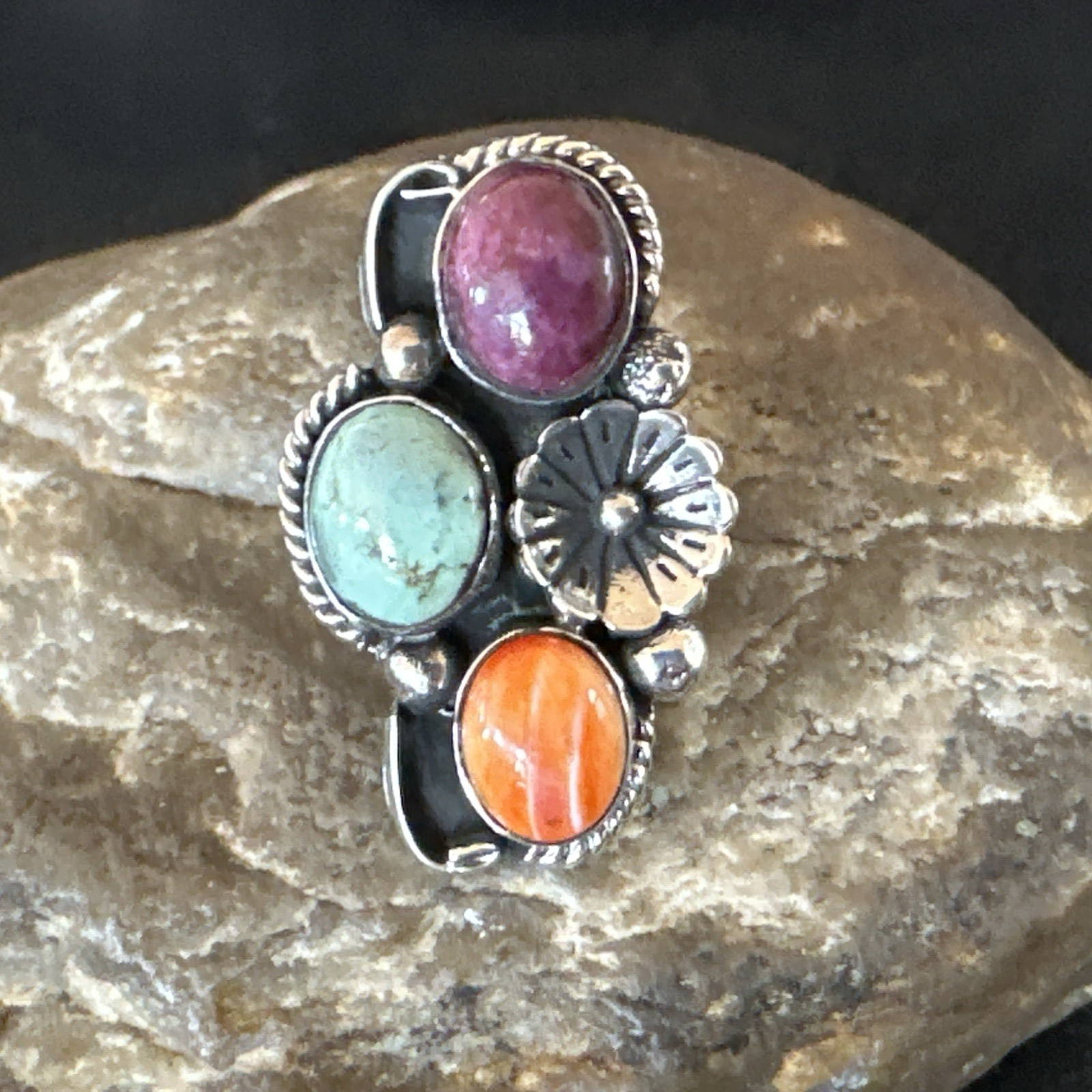 Multicolor Ring Turquoise Spiny Navajo Sterling Silver Cluster Size 6.5 19175