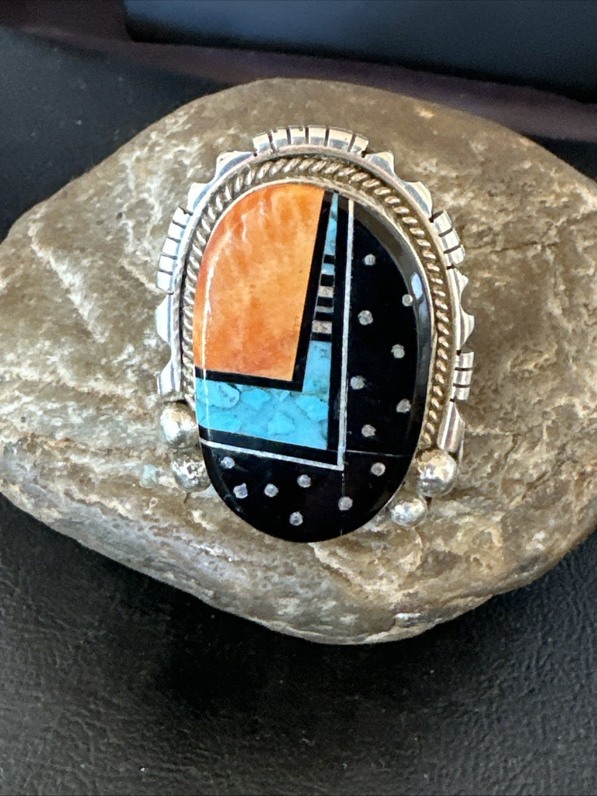 Onyx Turquoise Spiny Navajo Cosmic Inlay Sterling Silver Ring Size 9 19788