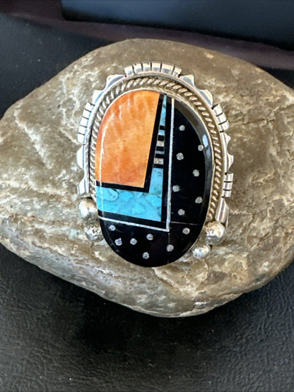 Onyx Turquoise Spiny Navajo Cosmic Inlay Sterling Silver Ring Size 9 19788