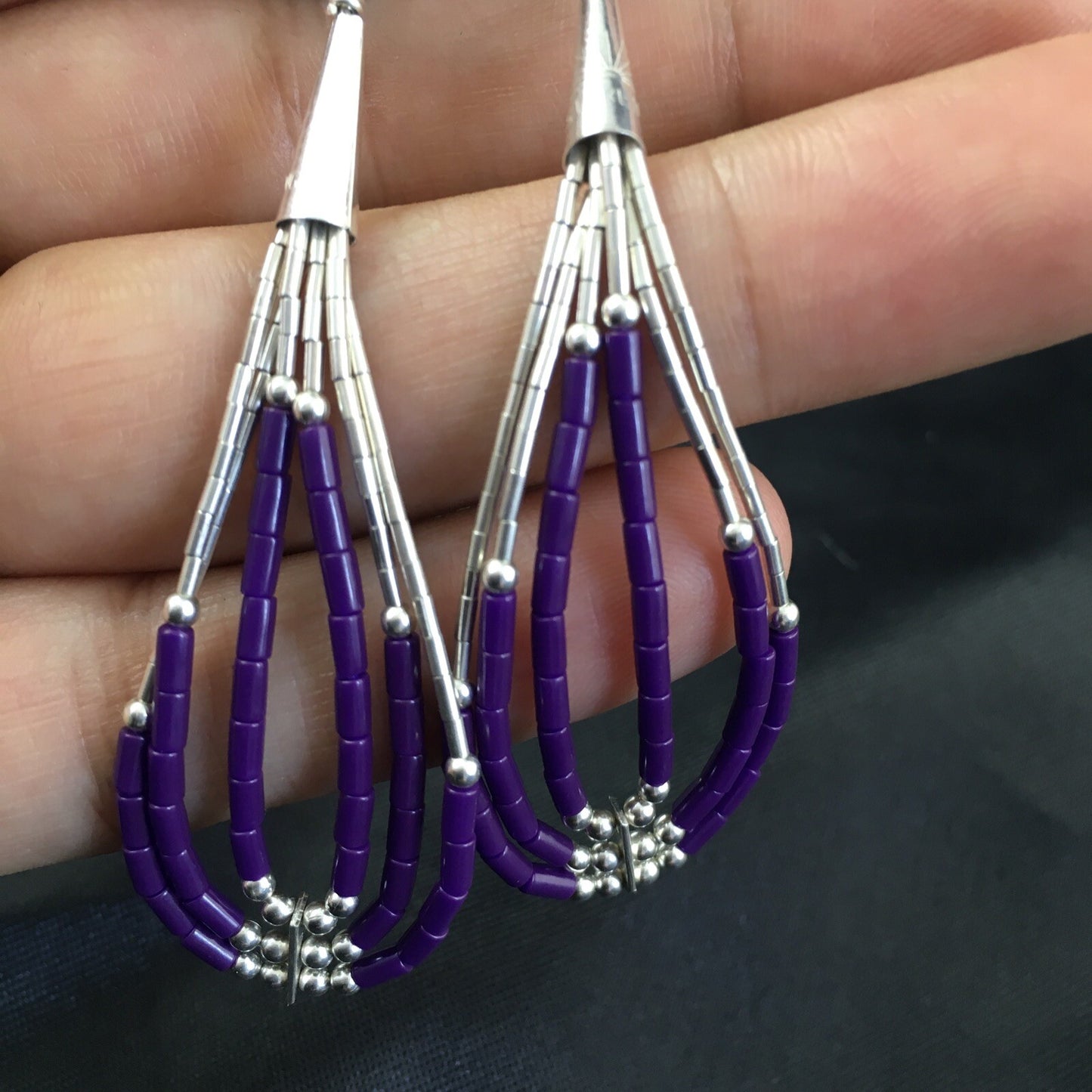 Purple Stone 3 Strands Heishi Liquid Sterling Silver Dangle Earrings 1989