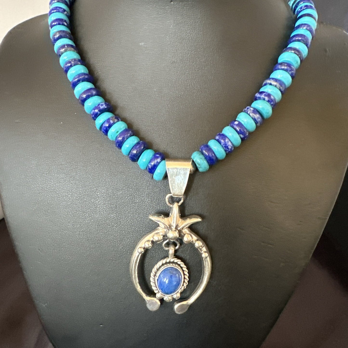 Blue Denim Lapis Turquoise Naja Pendant Navajo Sterling Silver Necklace 21"17688