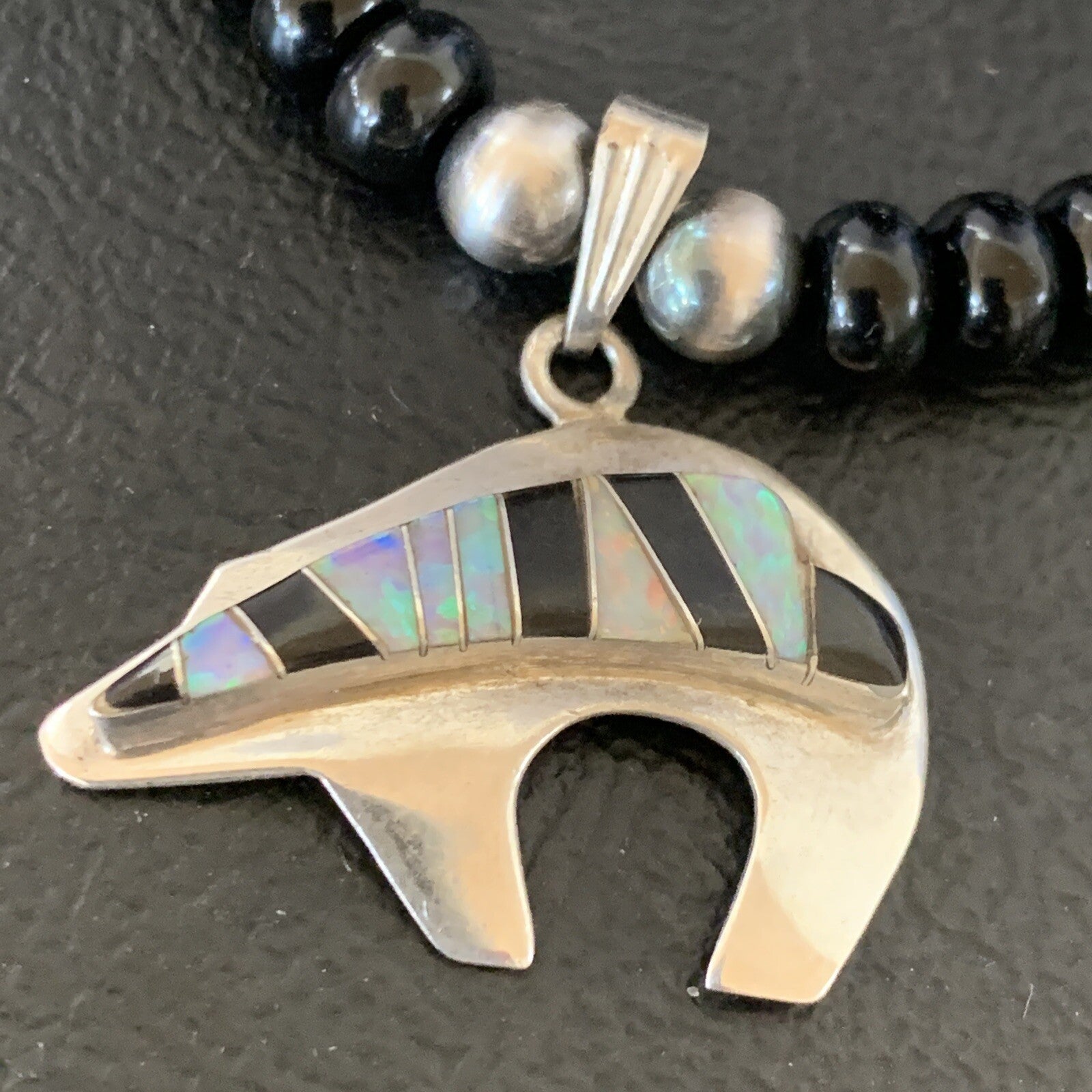 Turquoise Opal Inlay Pendant Black Onyx Navajo Sterling Silver Necklace 12688