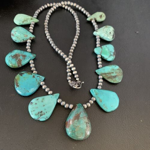 Navajo Pearls Necklace Sterling Silver Blue Turquoise Teardrop 13152