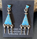 Blue Turquoise Inlay Zuni Dangle Post Earrings 1.5" | Sterling Silver | Authentic Native American Handmade | 12745