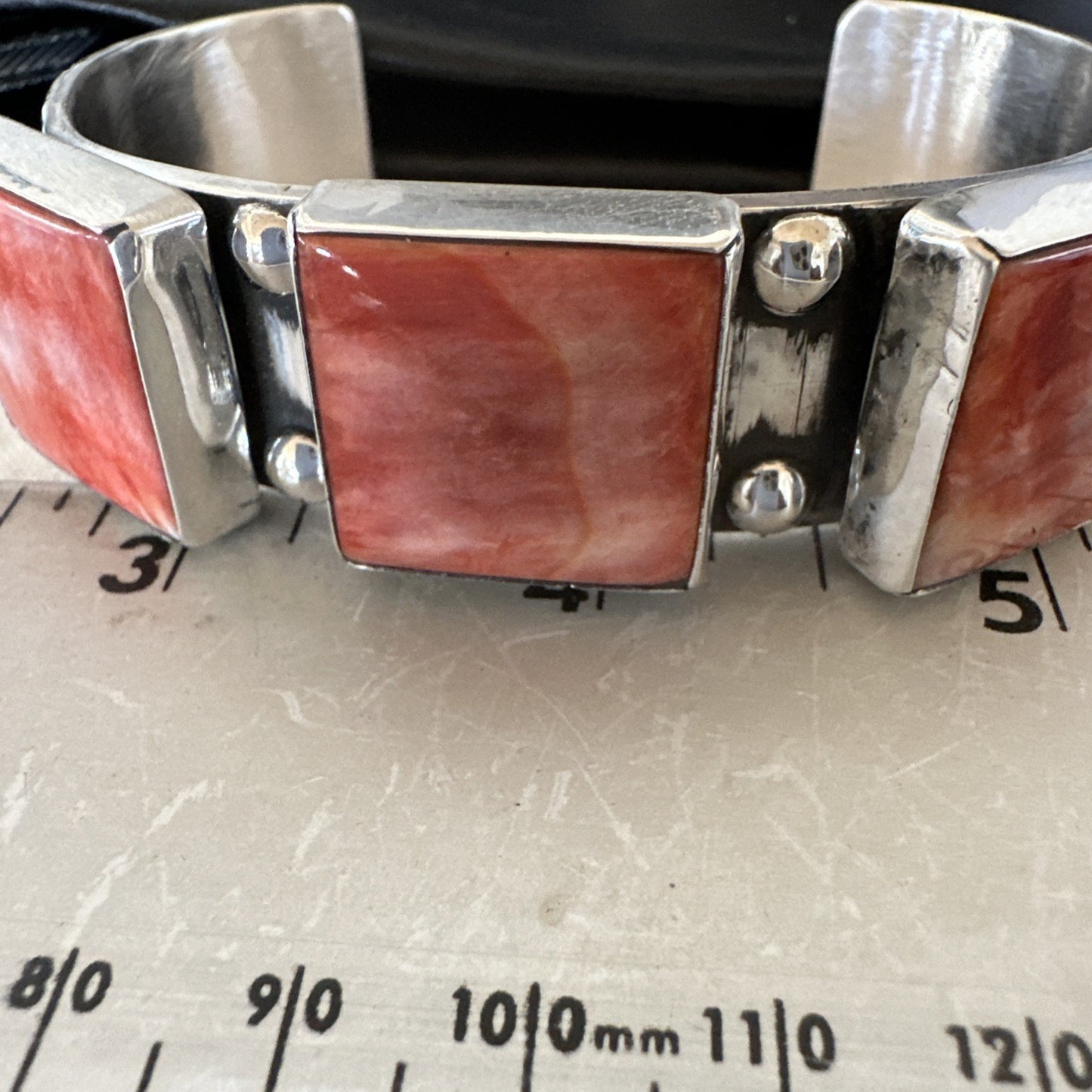 Red Spiny 3 Stone Sterling Silver Navajo Cuff Bracelet 7.7" 19487