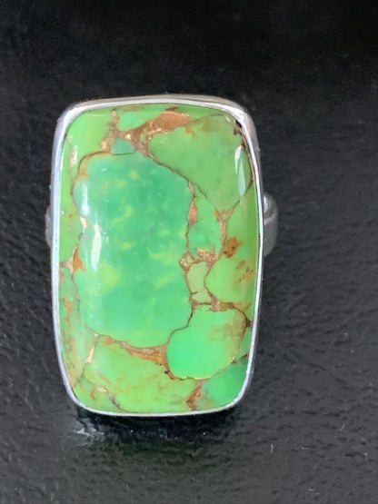 Green Mohave Turquoise Navajo Sterling Silver Ring Size 8.5 Adjustable 11793