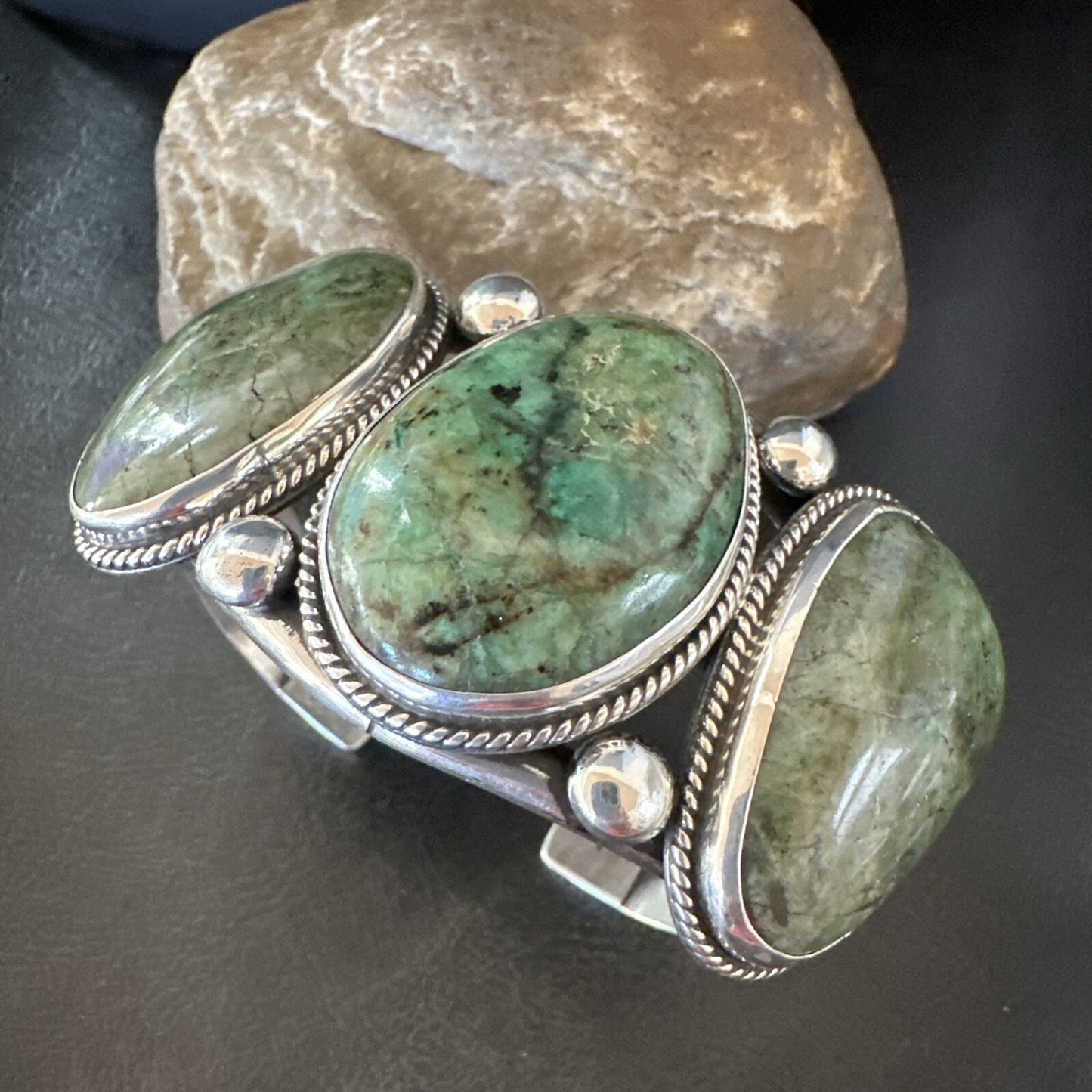 Navajo Green Royston TURQUOISE Stamped Sterling Silver Cuff Bracelet 8.5" 18718