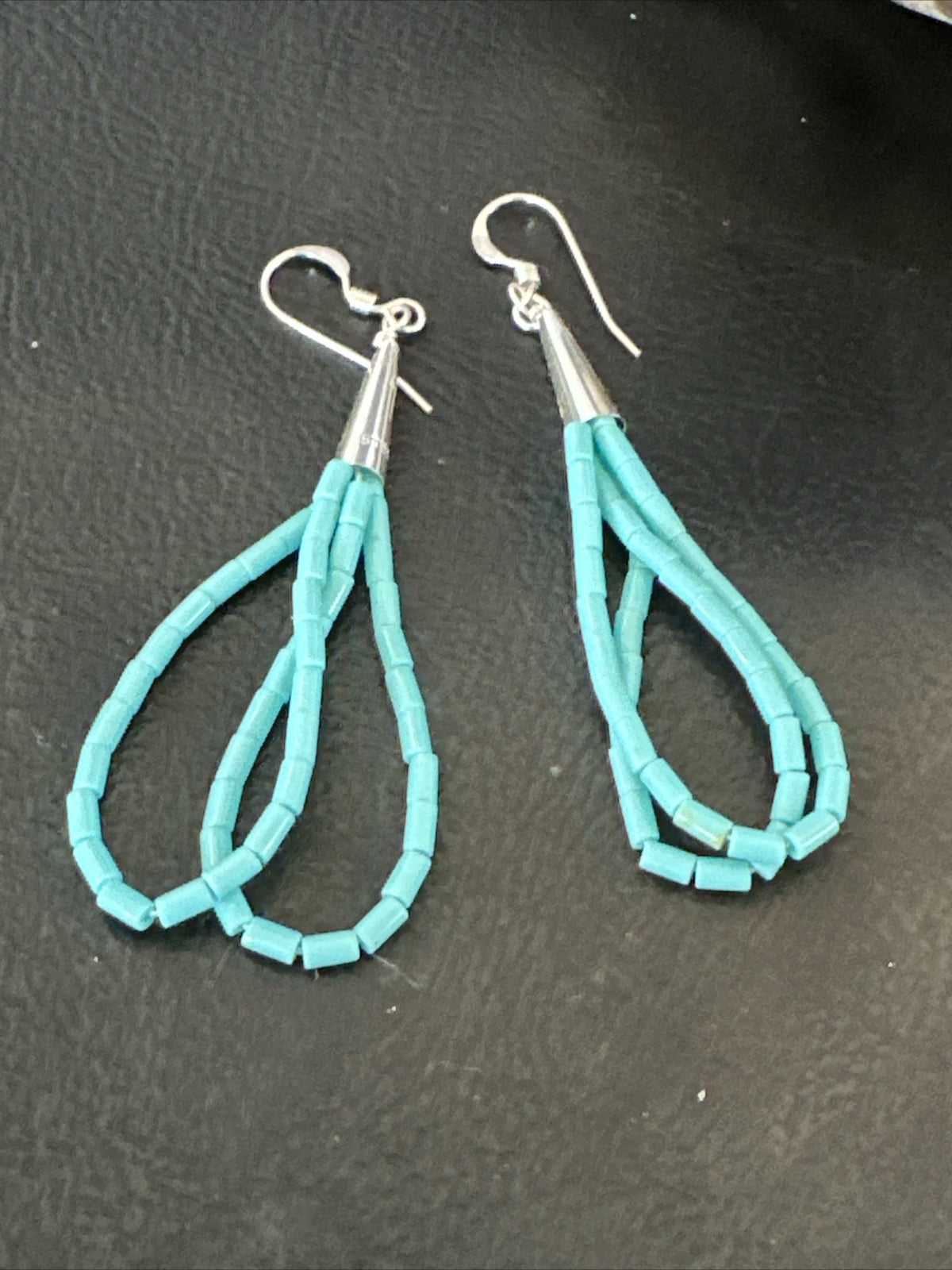 Heishi Dangle Blue Turquoise Sterling Earrings 2” 17955
