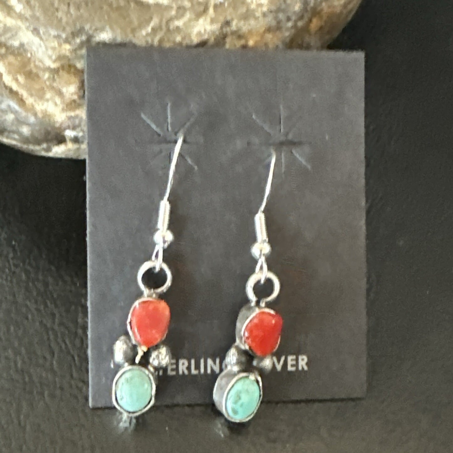 Handmade Blue Turquoise Red Coral Sterling Silver Navajo Dangle Earrings 18841
