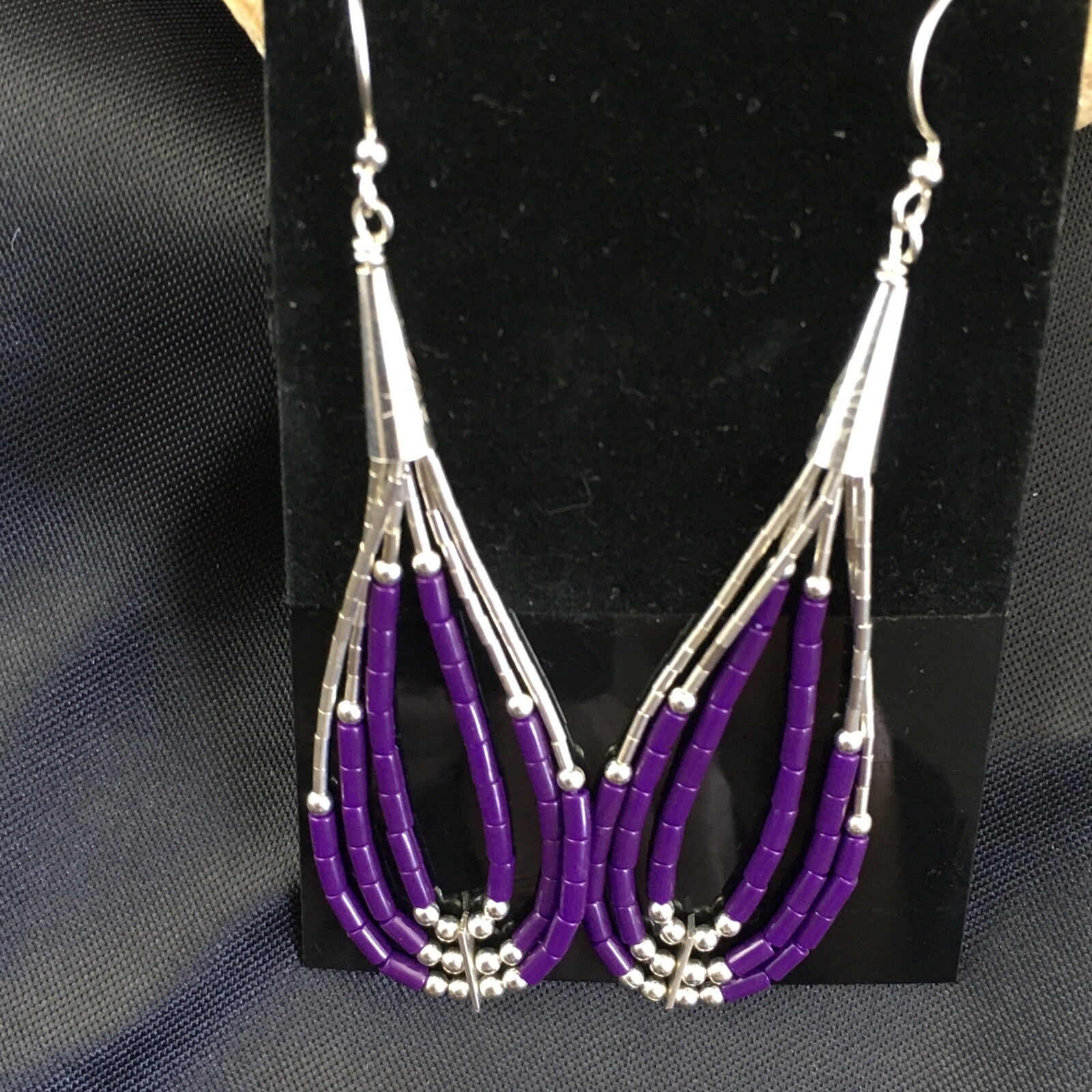 Purple Stone 3 Strands Heishi Liquid Sterling Silver Dangle Earrings 1989