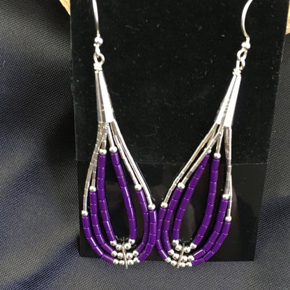 Purple Stone 3 Strands Heishi Liquid Sterling Silver Dangle Earrings 1989