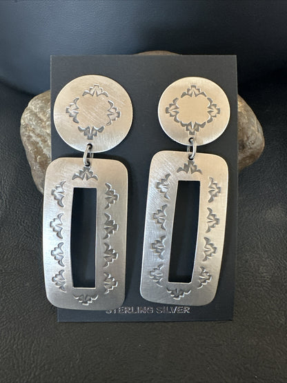 Popular Navajo Stamped Sterling Silver Stamped Handmade Earrings  2.75" 17859