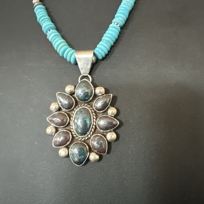 Blue Turquoise Navajo Sterling Silver Cluster Round Pendant Necklace 2”19660