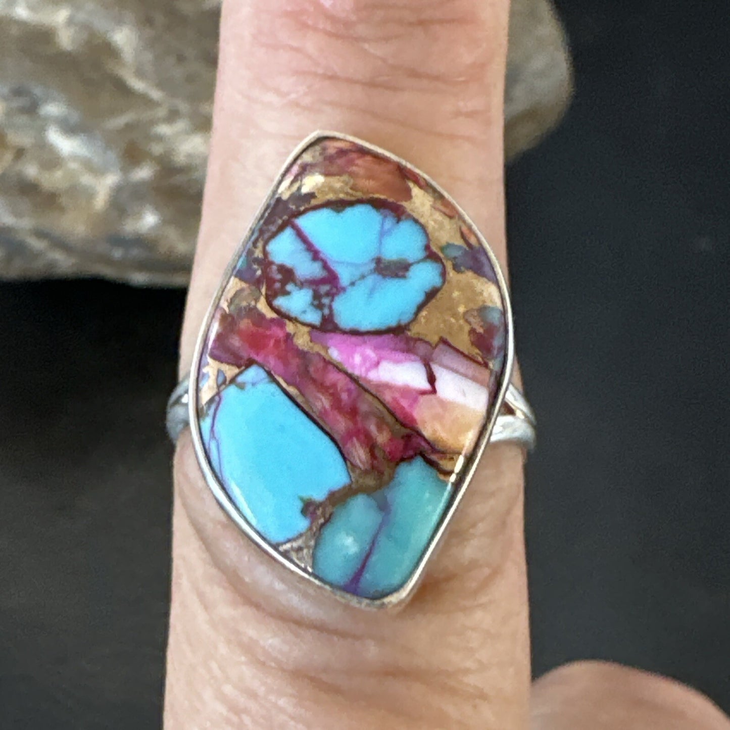 Blue Turquoise Spiny Oyster Navajo Sterling Silver Ring Size 7.5 18235