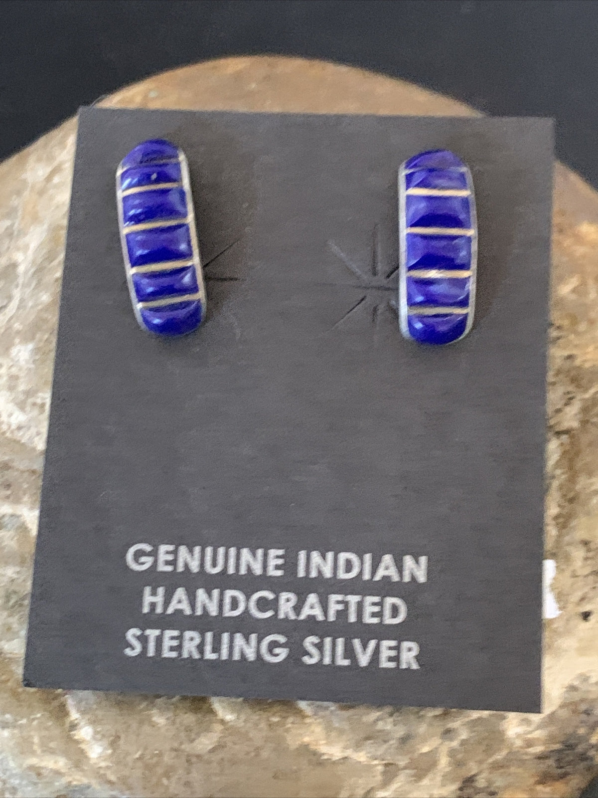 Blue Lapis Sterling Silver Multi-Stone Post Stud Inlay Earrings 0.5" 12708
