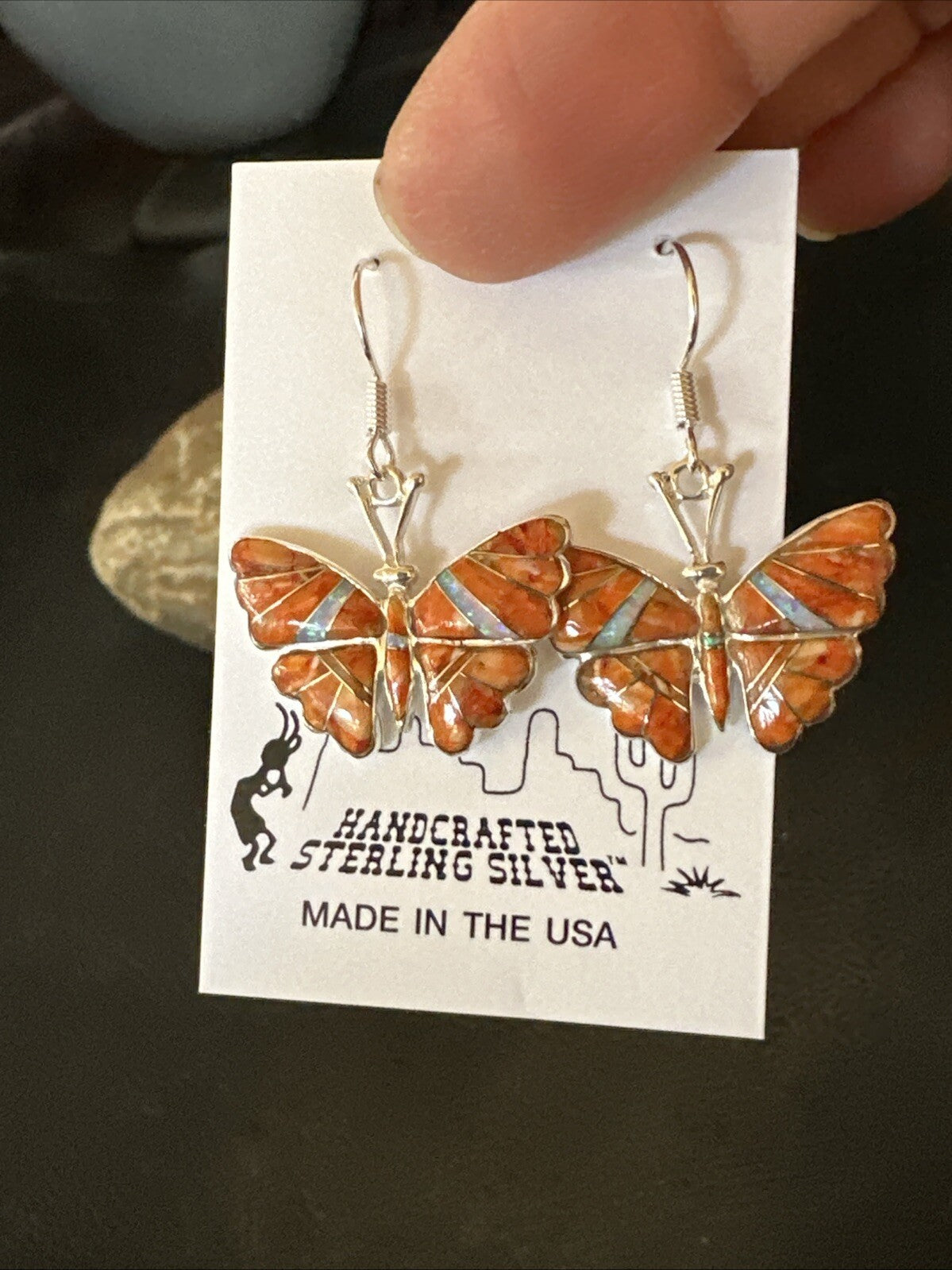 Butterfly Orange Spiny Oyster Opal Inlay Sterling Silver Dangle Earrings 18555