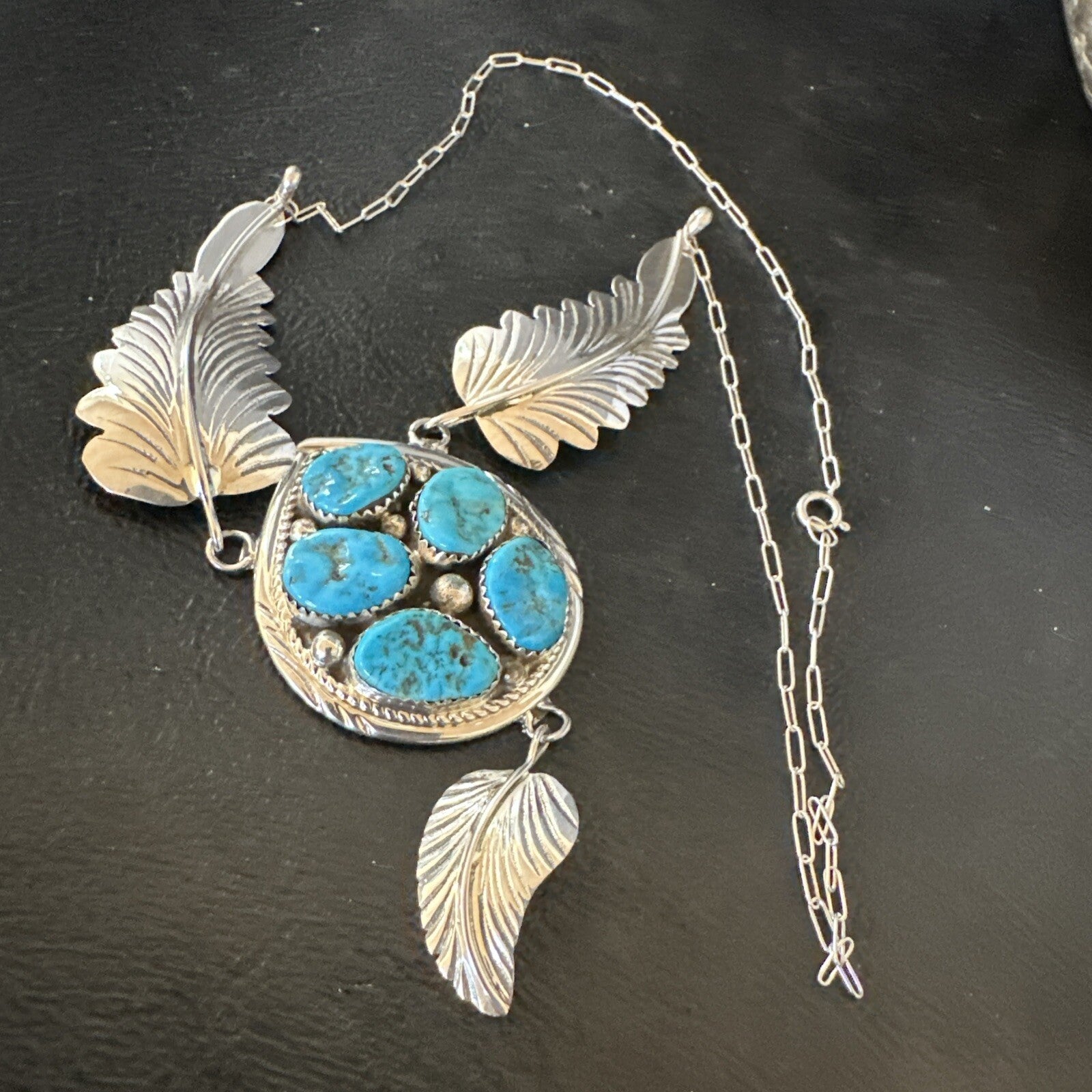 Blue Kingman Turquoise Navajo Sterling Silver Cluster Pendant 18575