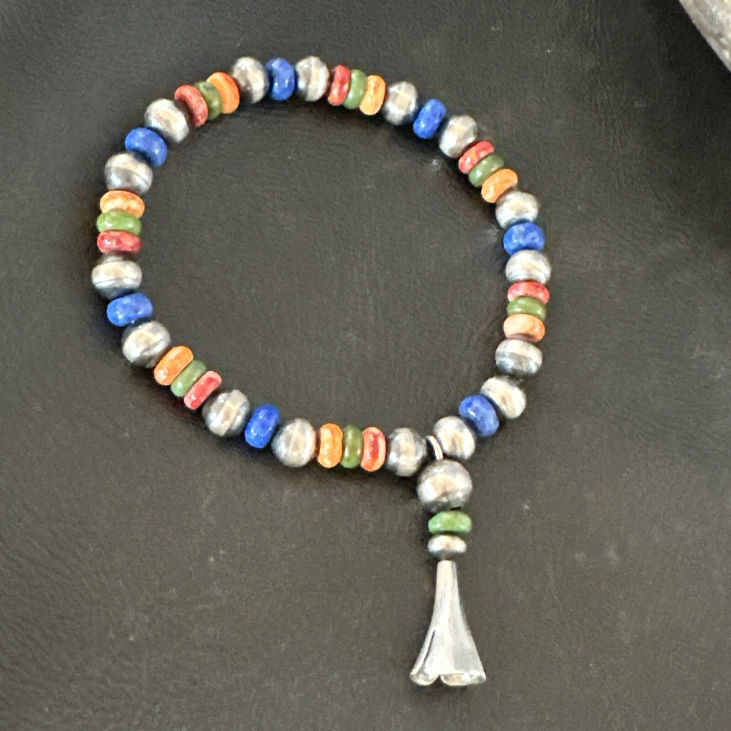 Multicolor Lapis Turquoise Stretch Bead Bracelet Navajo Sterling Silver 17908
