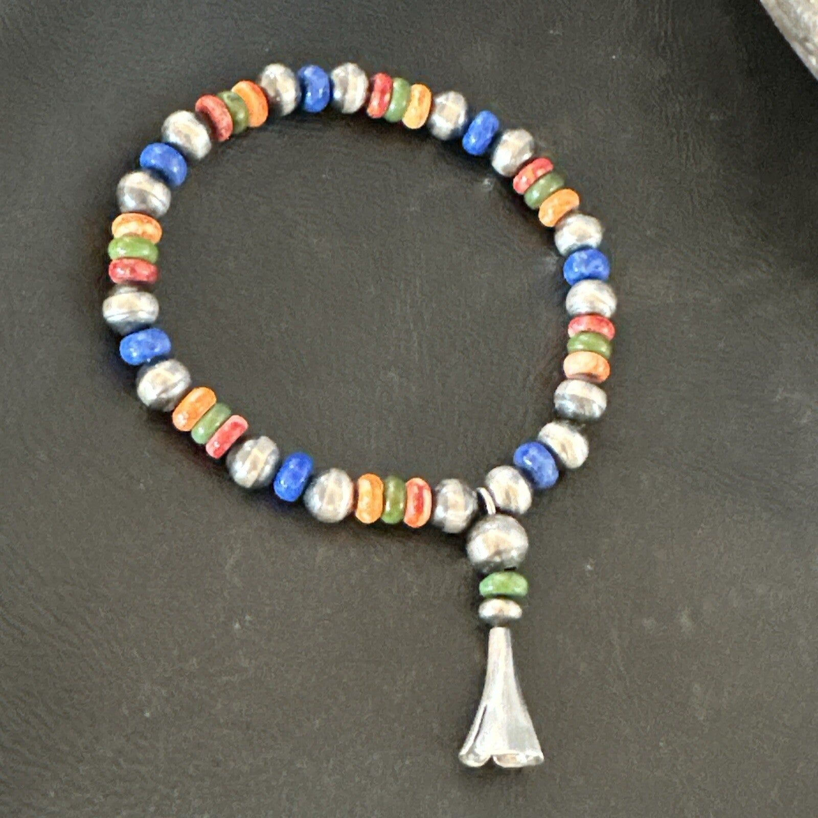 Multicolor Lapis Turquoise Stretch Bead Bracelet Navajo Sterling Silver 17908
