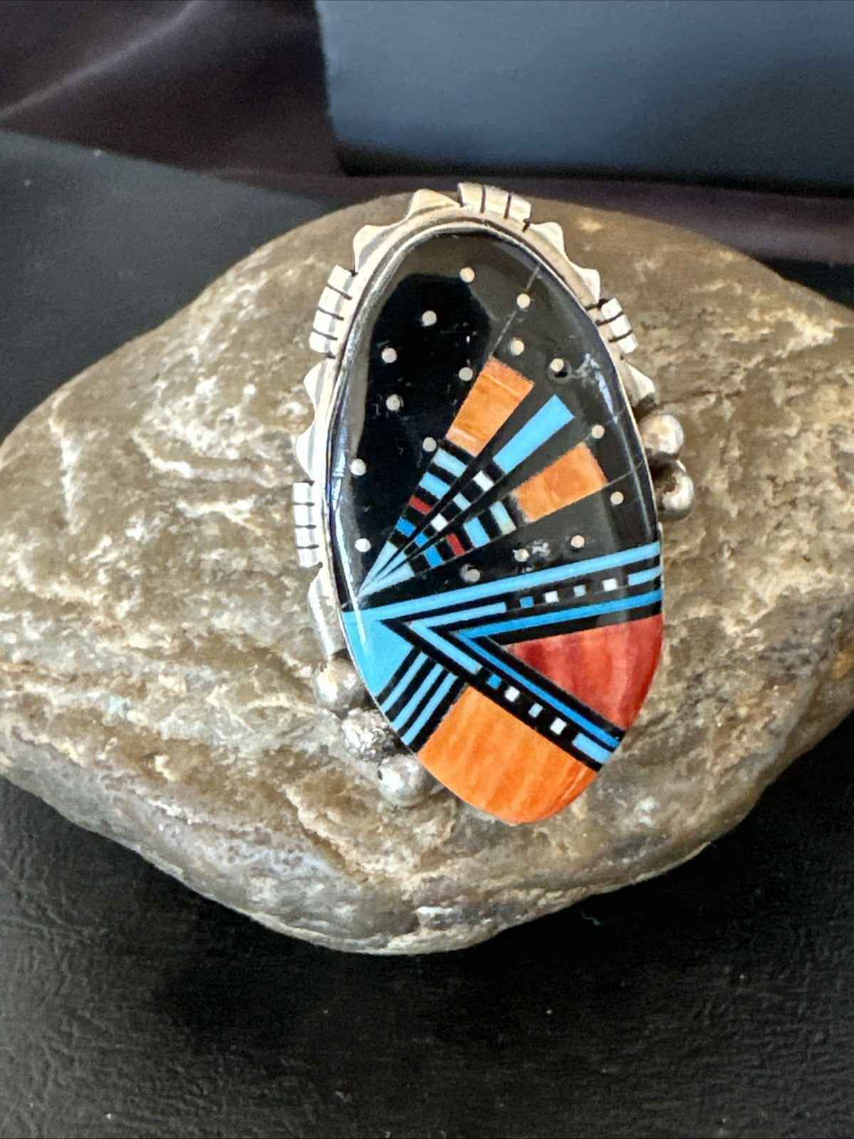 Onyx Turquoise Spiny Navajo Cosmic Inlay Sterling Silver Ring Size 10 19783