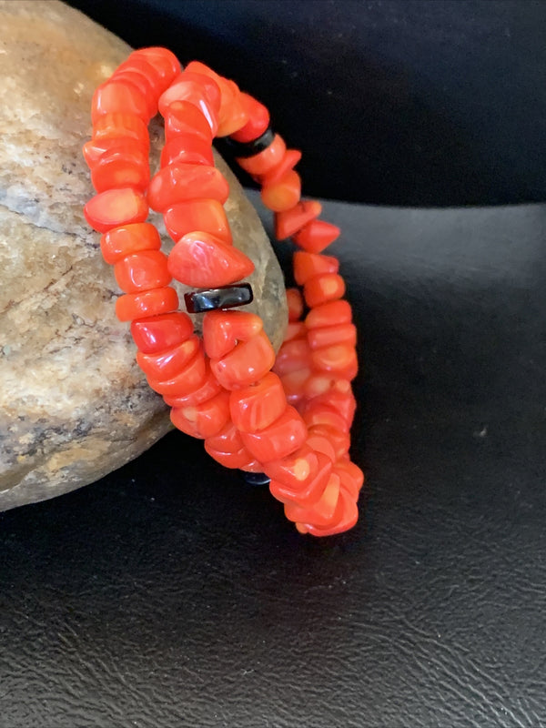 Memory wire Stainless Steel Coral Onyx Bead Bracelet | Sterling Silver | Authentic Native American Handmade | 01955