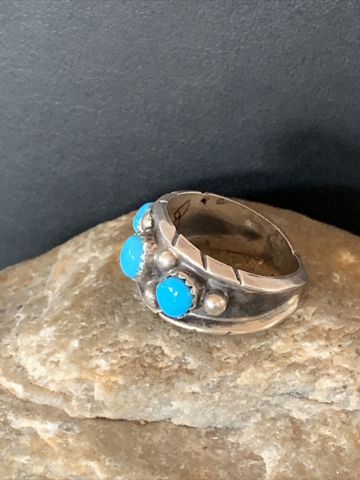 Blue Turquoise 3 stone Navajo Sterling Silver Old Pawn Ring Size 8 10788