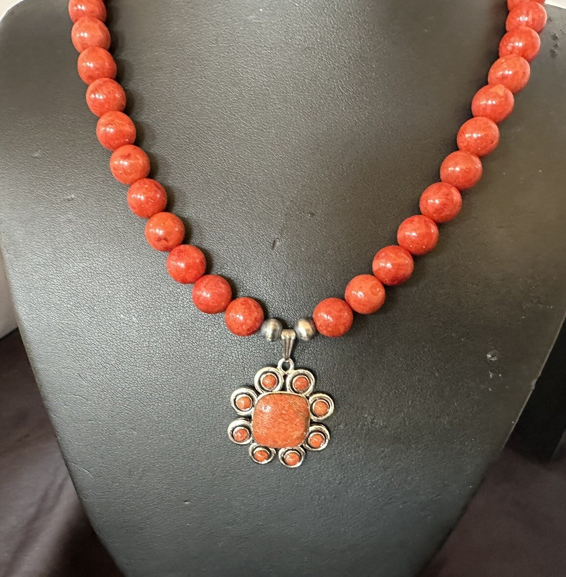 Navajo Apple Sponge Coral Sterling Silver Necklace Pendant 18327