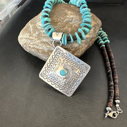Navajo Blue Turquoise Stamped Pendant Shell Sterling Silver 25” Necklace 19706