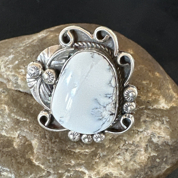 Men's Women's White Buffalo Turquoise Navajo Ring Size 10 | Sterling Silver | Authentic Native American Handmade | 18103