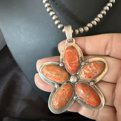 Navajo Apple Sponge Coral Sterling Silver Necklace Pendant 18133