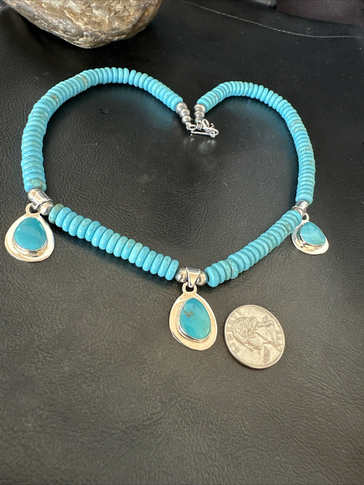 WoMens Blue Kingman Turquoise Pendants Navajo Sterling Silver Necklace 19” 18166