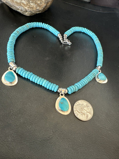 WoMens Blue Kingman Turquoise Pendants Navajo Sterling Silver Necklace 19” 18166