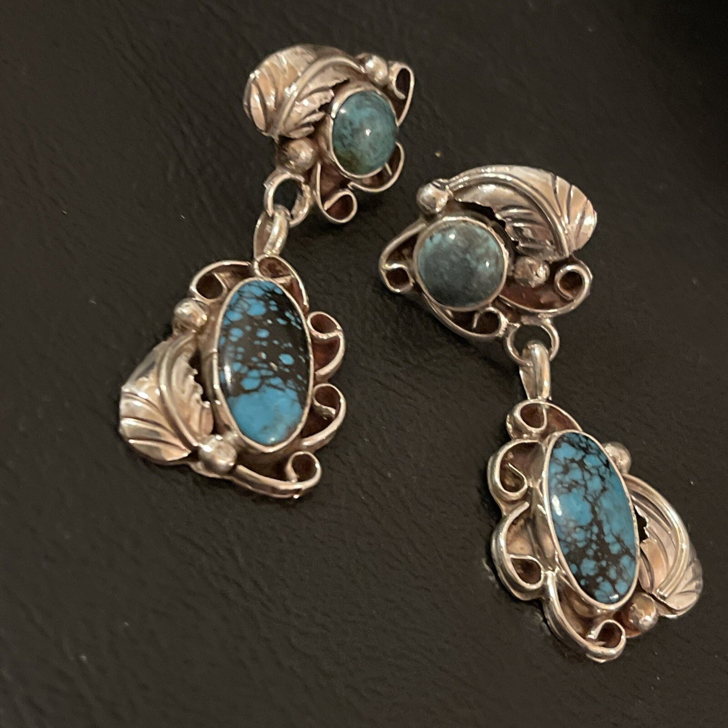 Spiderweb Turquoise Navajo Sterling Silver Post Dangle Earrings 02026