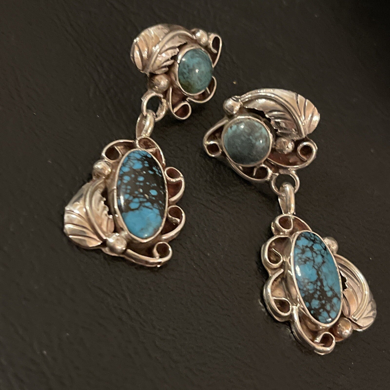 Spiderweb Turquoise Navajo Sterling Silver Post Dangle Earrings 02026