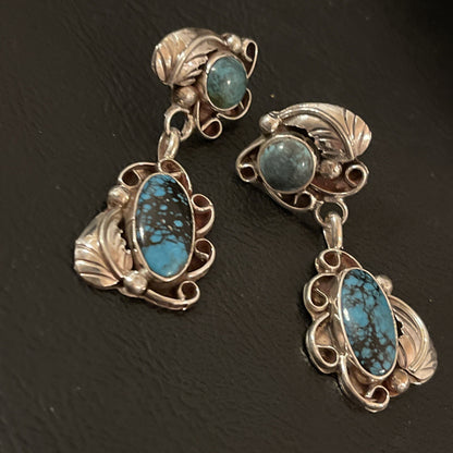 Spiderweb Turquoise Navajo Sterling Silver Post Dangle Earrings 02026