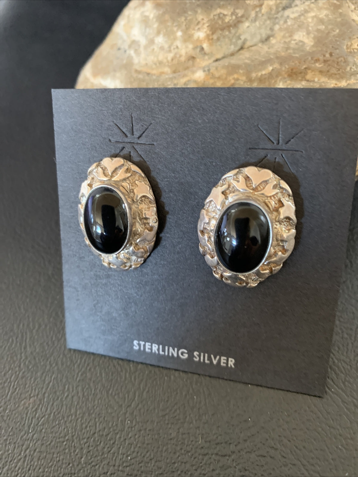 Native American Womens Nugget Sterling Silver Black Onyx Earrings 1" 13047