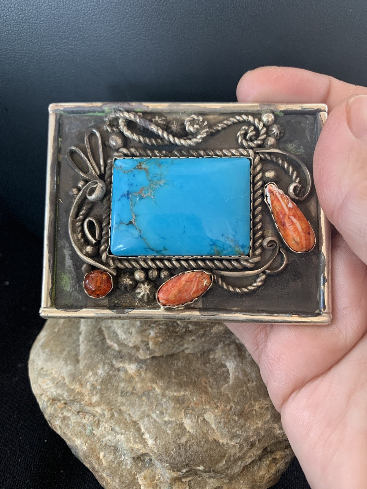 Blue Turquoise Spiny Oyster Navajo Sterling Silver Concho Belt Buckle 00717