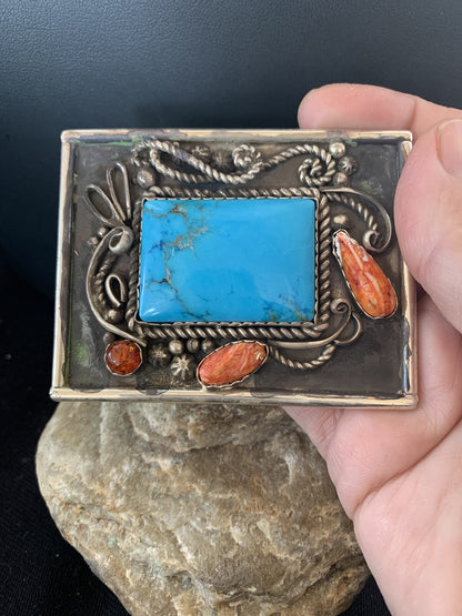 Blue Turquoise Spiny Oyster Navajo Sterling Silver Concho Belt Buckle 00717