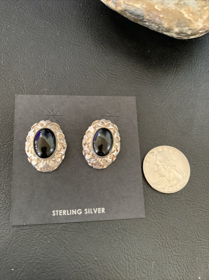 Native American Womens Nugget Sterling Silver Black Onyx Earrings 1" 13047