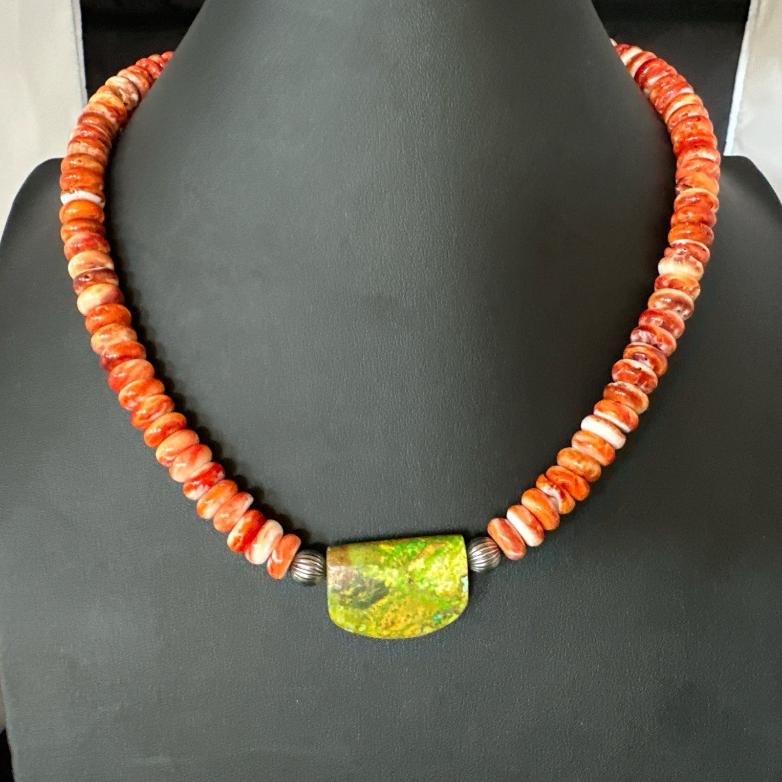 Orange Spiny  Green Turquoise Navajo Sterling Silver Pendant Necklace 20” 19636