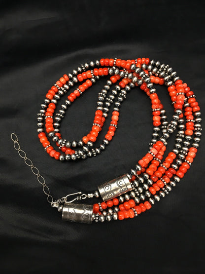 Red Coral 3 Strand Sterling Silver Navajo Necklace 02585