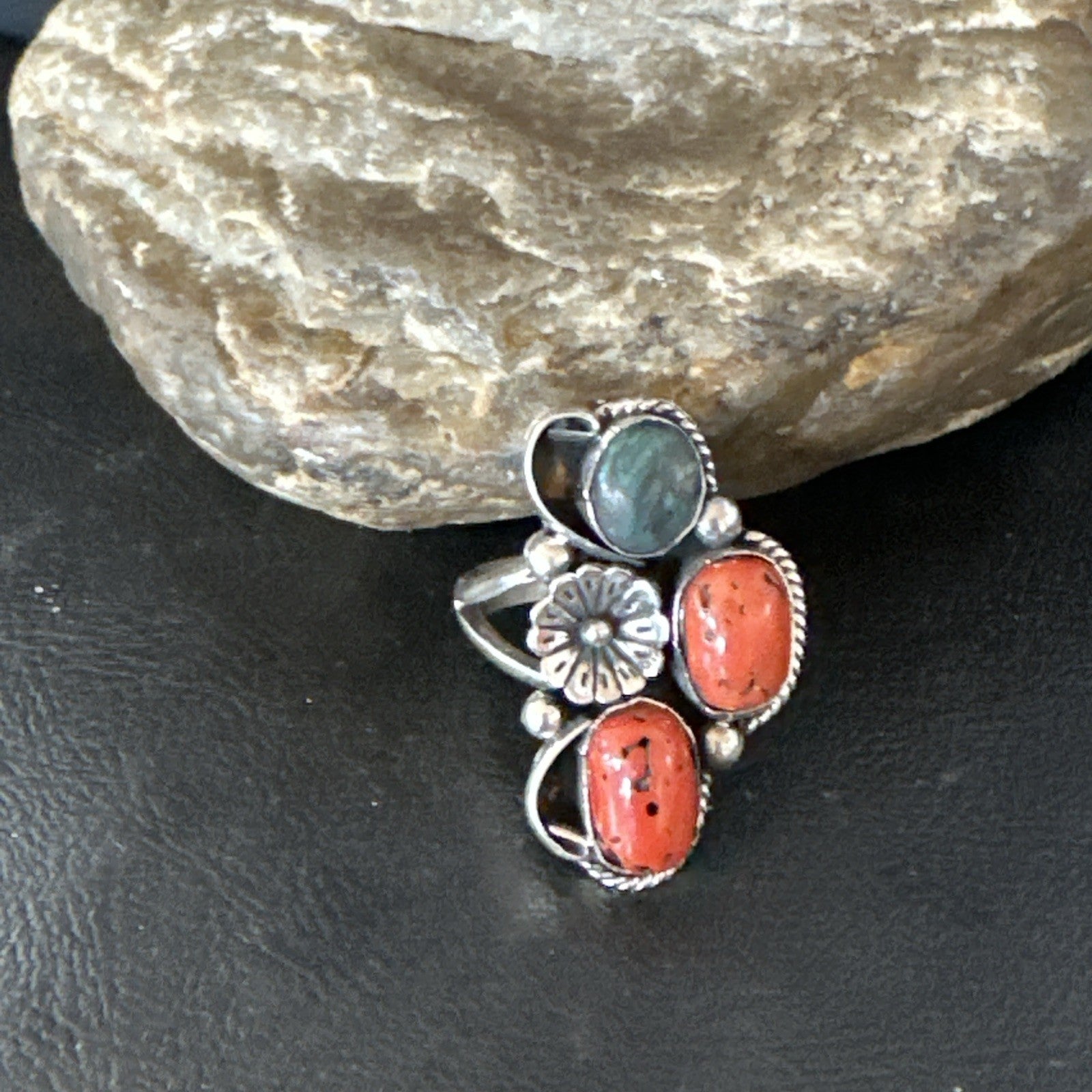Multicolor Ring Turquoise Coral Spiny Navajo Sterling Silver Cluster 10.5 19195